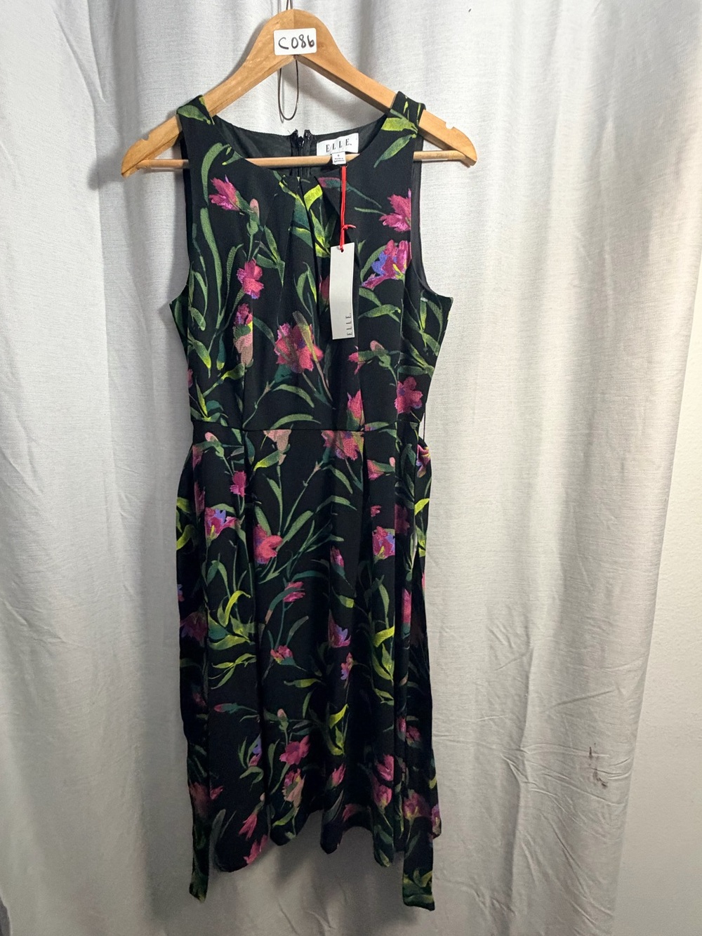 Elle Black Floral Tie-Waist Midi Dress with Pink & Green Print - Picture 3 of 12